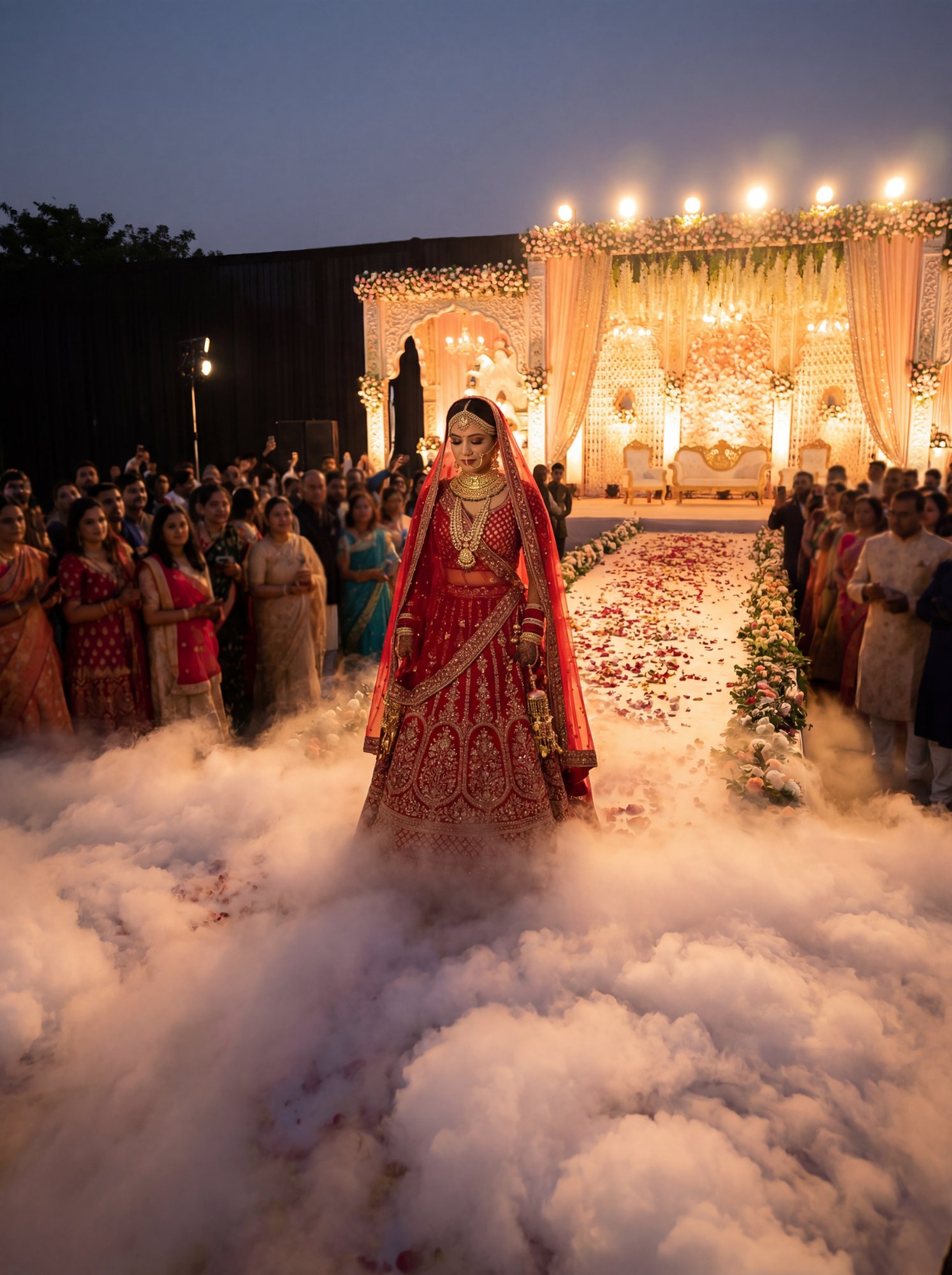 Bride making her entrance through low fog at a wedding ceremony