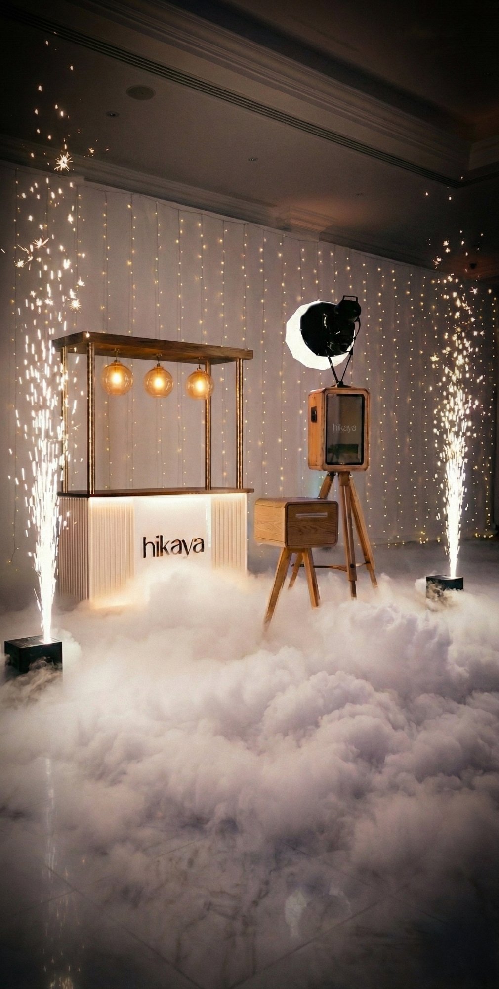 Hikaya photobooth setup with low fog and cold sparklers at an elegant wedding